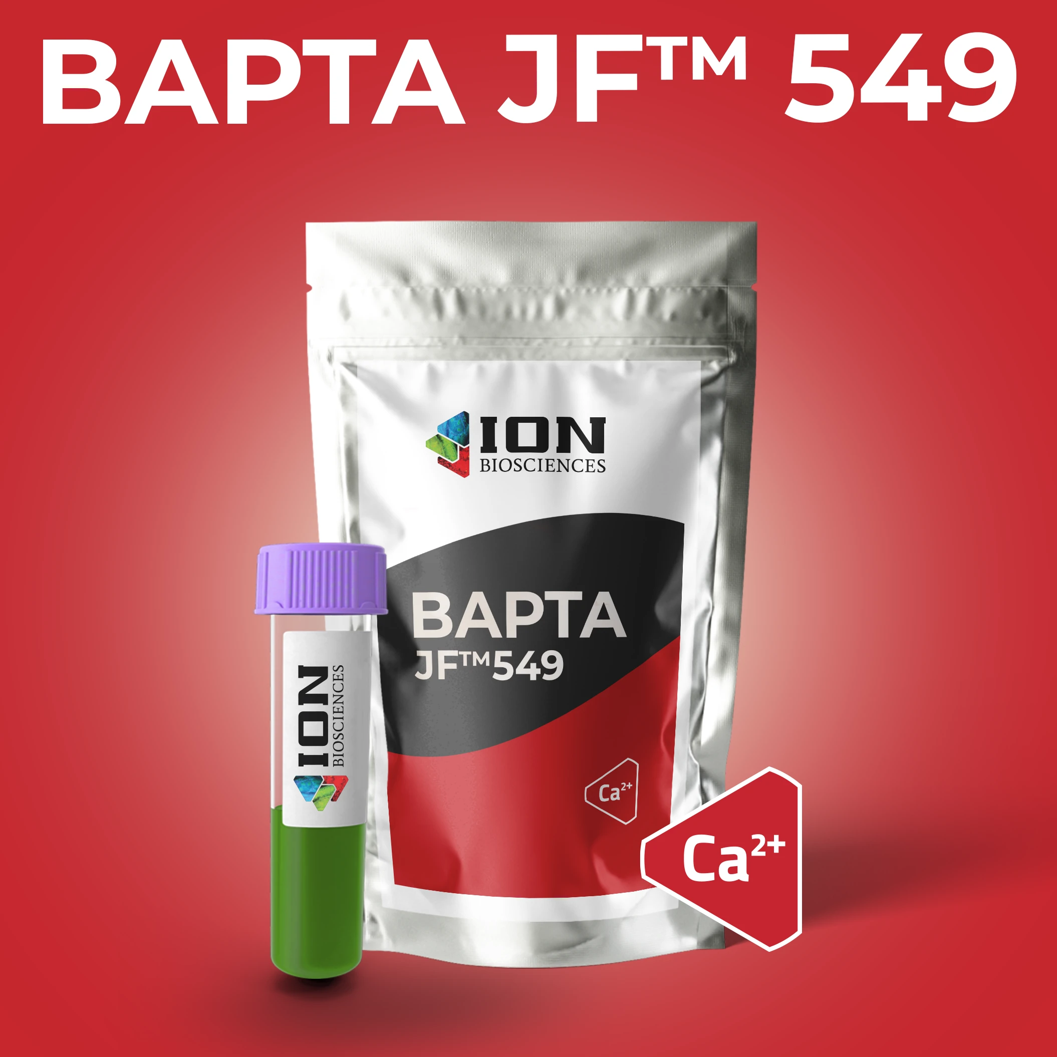 BAPTA JF549 calcium indicator packaging, red background