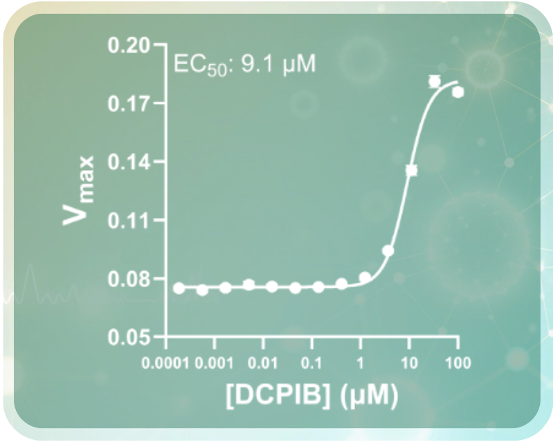 TMEM175 potentiator assay results displaying a dose response of DCPIB that uses the Brilliant Thallium Snapshot potassium channel assay.