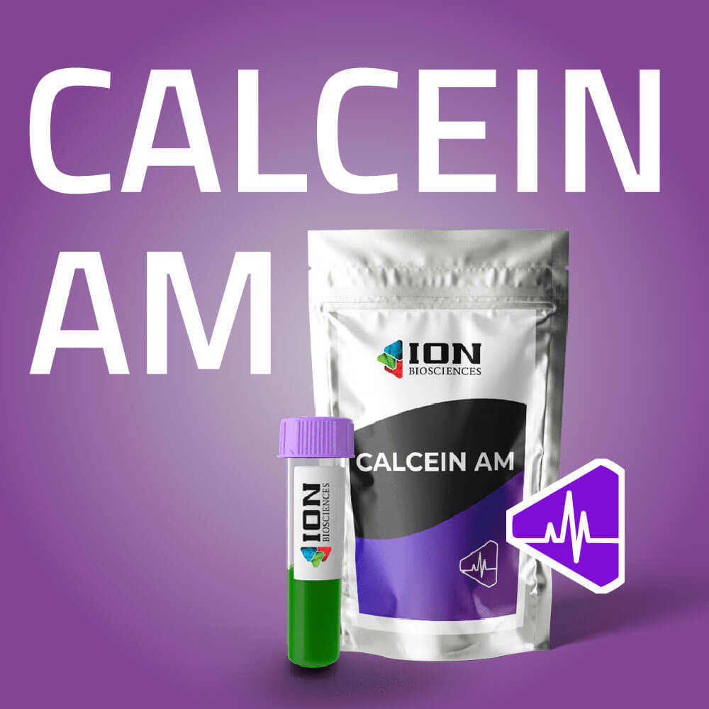 Calcein AM product packaging with cell health sticker, purple background