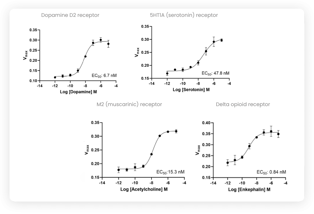 Dose-response curves for four Gi GPCR, g-protein coupled receptors, (Dopamine D2, 5HT1A, M2, and Delta opioid) with EC50 values labeled, showing activation vs. ligand concentration.