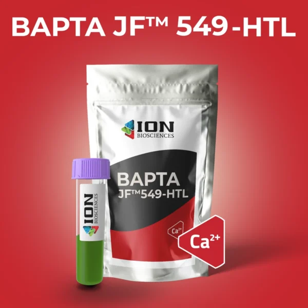 BAPTA JF549 calcium indicator packaging, red background