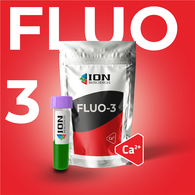 Fluo-3 AM calcium indicator packaging, red background