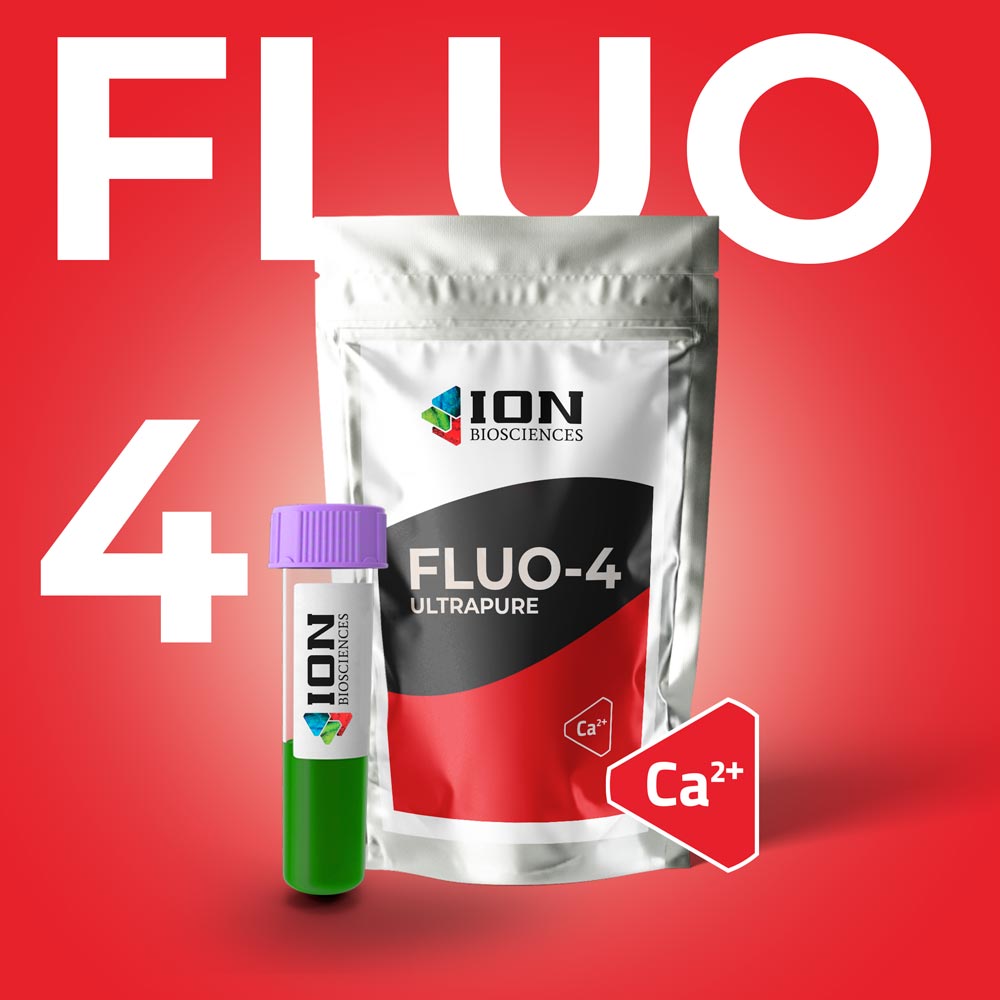 Fluo-4 AM Ultrapure calcium indicator packaging, red background