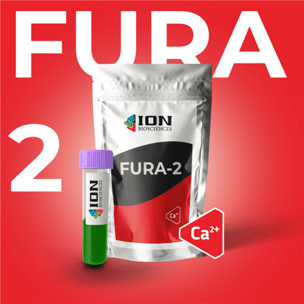 Fura-2 AM ratiometric calcium indicator packaging, red background