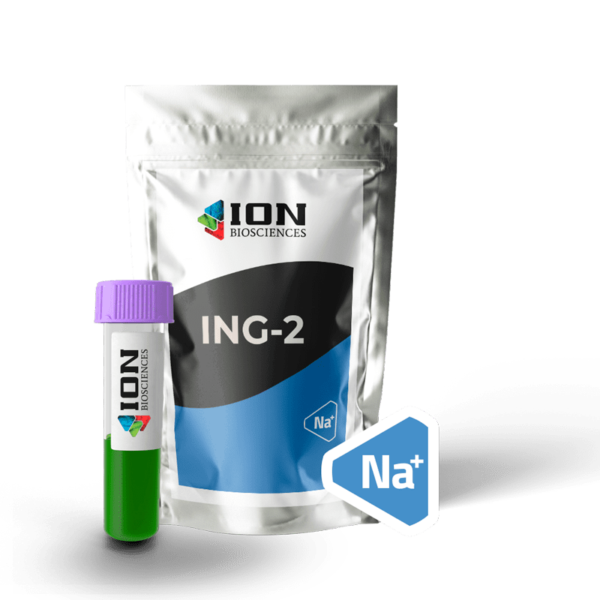 ING-2 AM (Ion natrium green - 2) packaging with sodium (Na+) ion sticker, transparent background