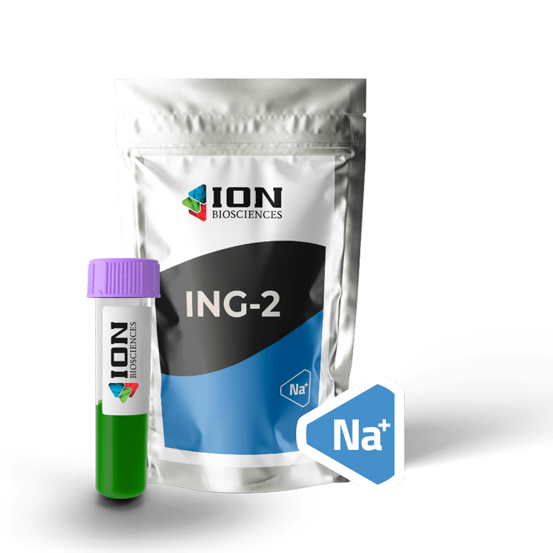 ING-2 AM (Ion natrium green - 2) packaging with sodium (Na+) ion sticker, transparent background