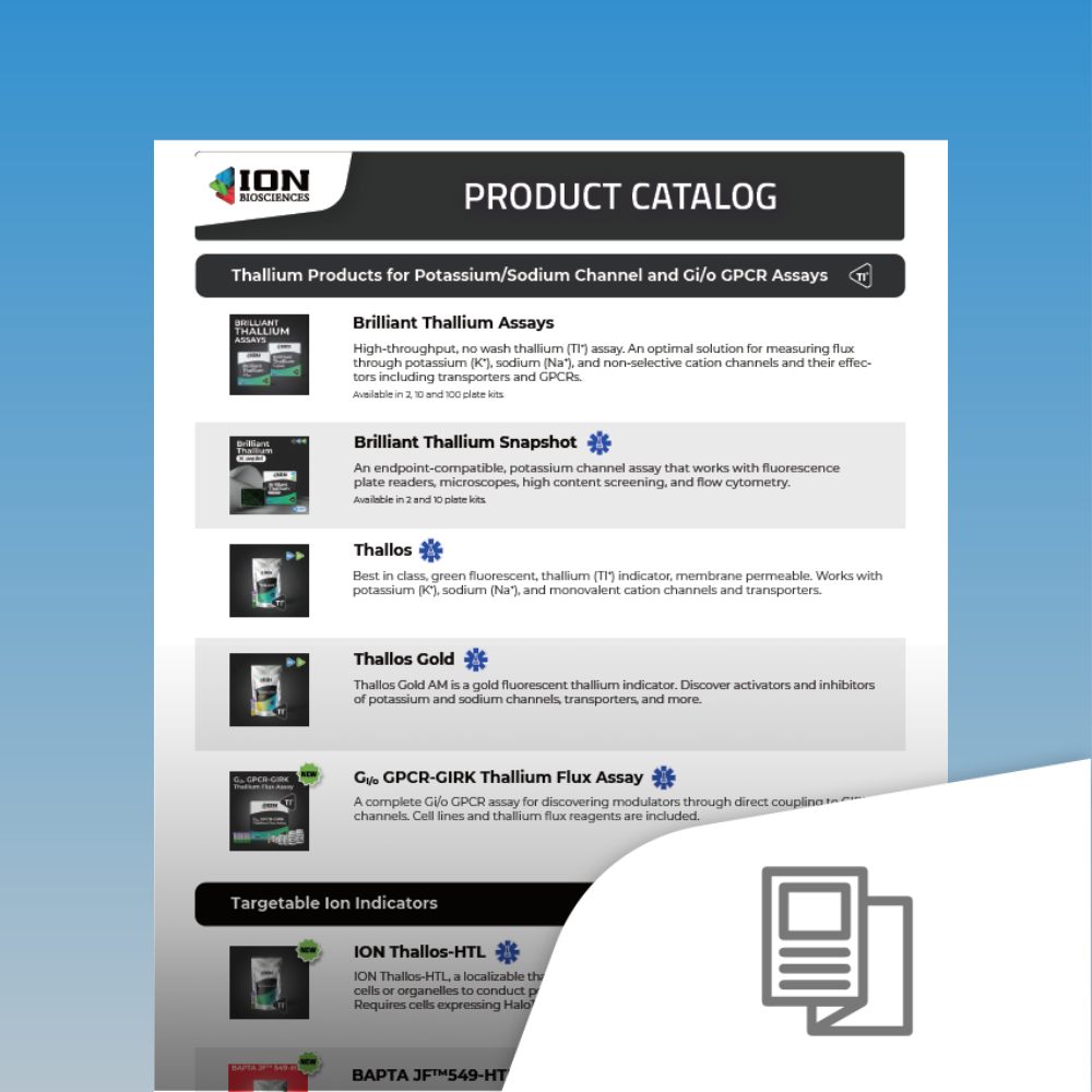 ION Biosciences product catalog, ion indicators, GPCR assays, cell-based solutions, custom assays, drug discovery tools, high-throughput screening, research catalog 2024, innovative fluorescence technology