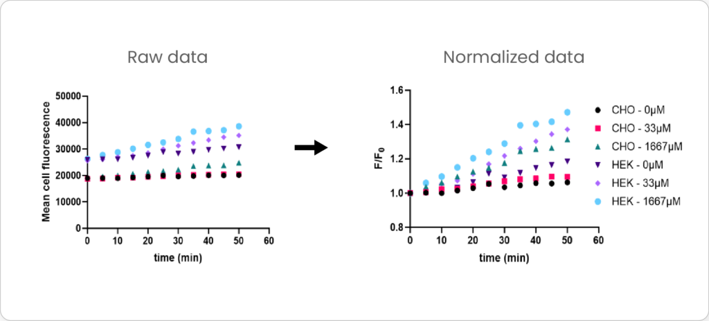 Raw and reduced plots of ING-2 AM fluorescence changes in cells over time with an inhibited Na/K-pump