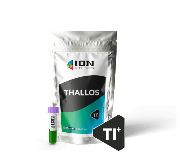 Thallos AM product packaging with thallium (Tl+) ion sticker, transparent background